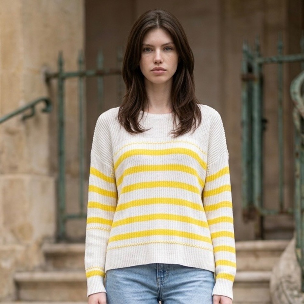 J. Society New York Striped Cotton Crewneck Sweater Yellow Oat 2331 Womens Large - Picture 1 of 9